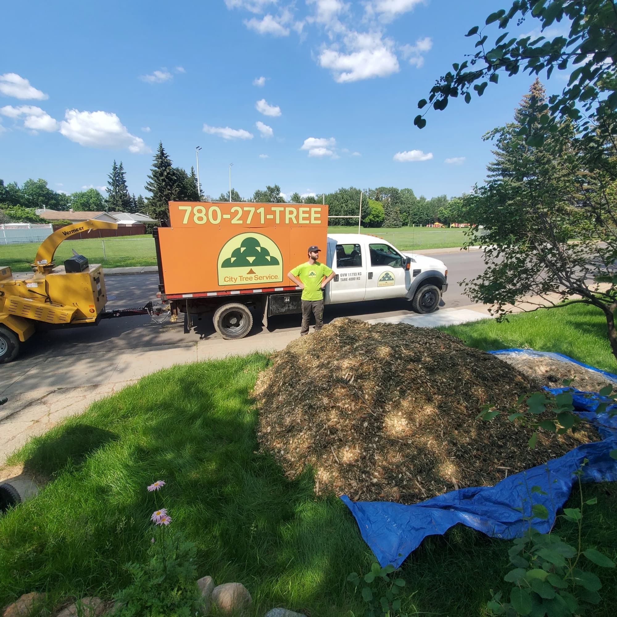 Pile of fresh arborist wood chip mulch ready for delivery in Edmonton